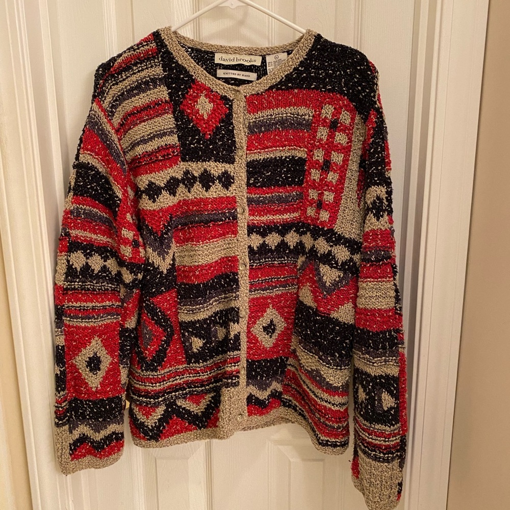 David Brooks Hand Knit Silk Blend Cardigan Sweater Aztec Abstract Vtg artsy